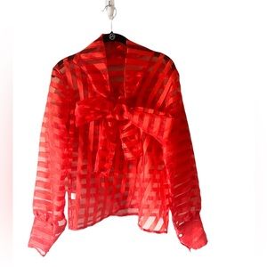 Vibrate red ribbons tie sheer blouse.